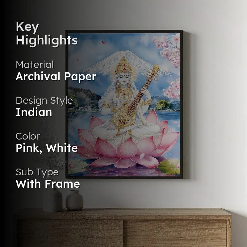 Padmasana Saraswati Spiritual Archival Paper Wall Painting With Frame - Black media 2
