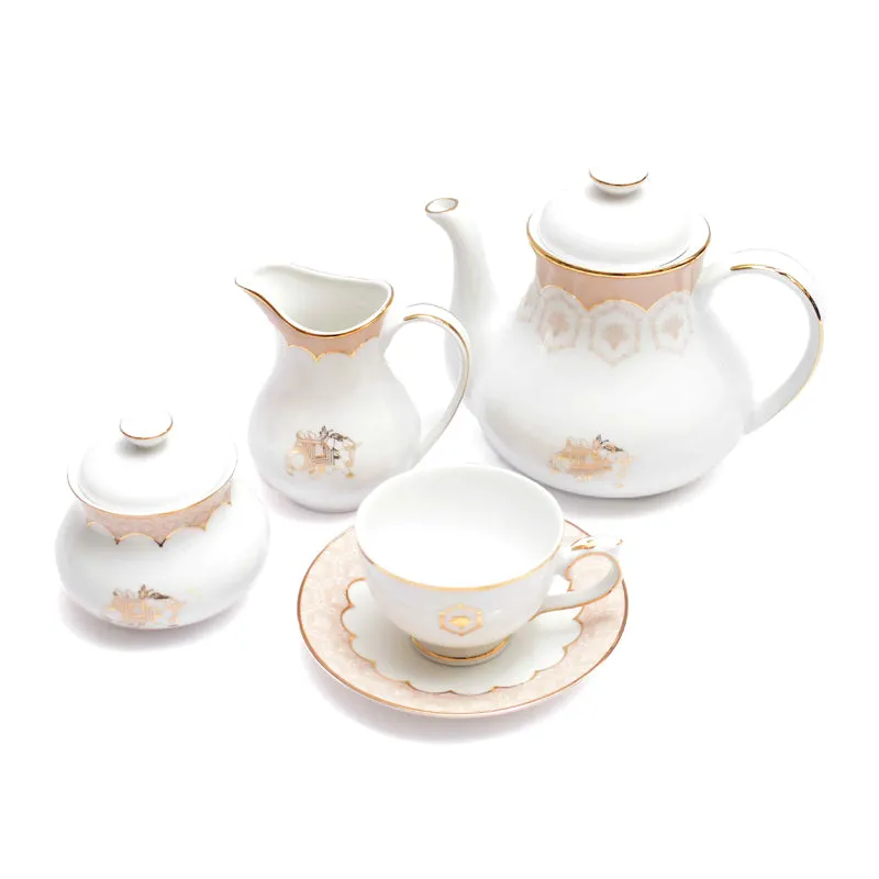 Gilded Legacy 24k Gold Brushed Porcelain Tea Set With Tea Pot (Peach) - Seventeen Piece Set media 4