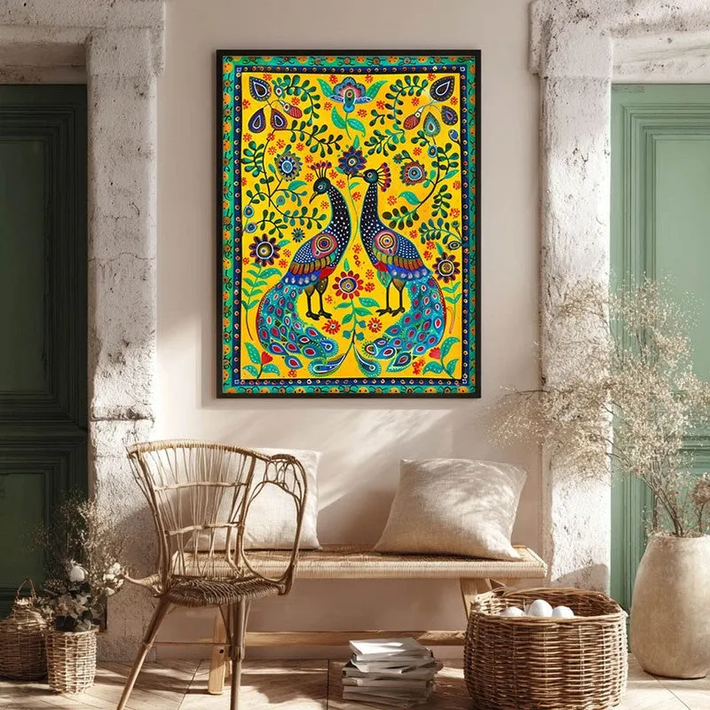 Colorful Peacock Folk Art Canvas Wall Painting With Black Frame media 9