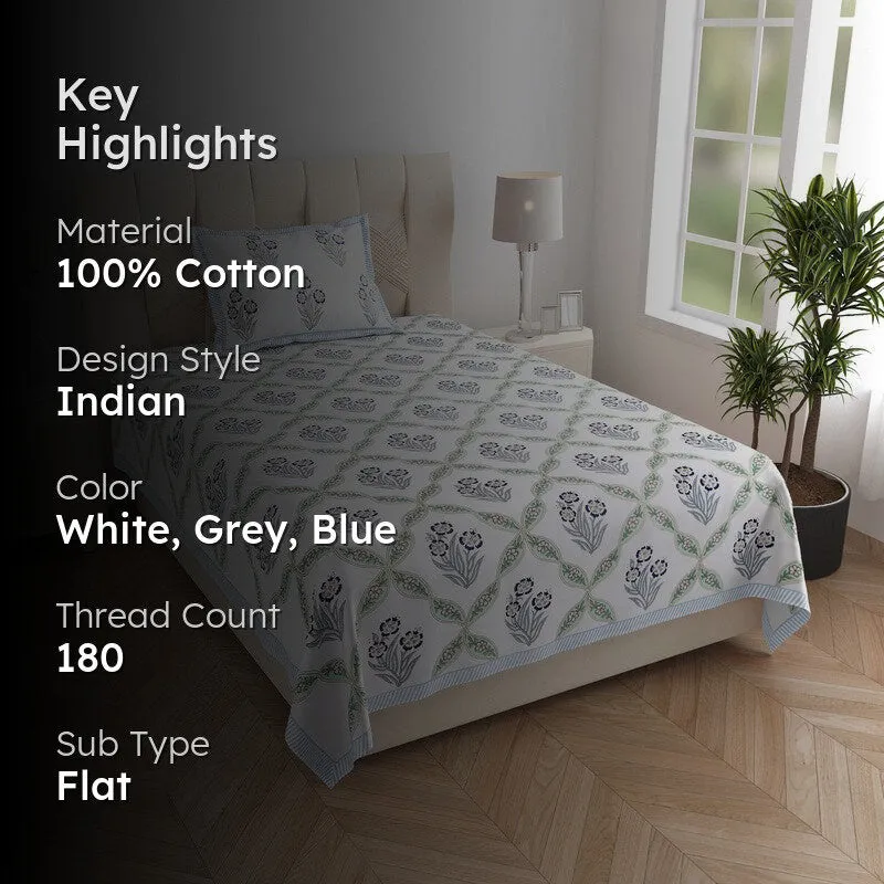 Malati I Cotton Bedsheet (Grey, Blue) - 180 TC media 2
