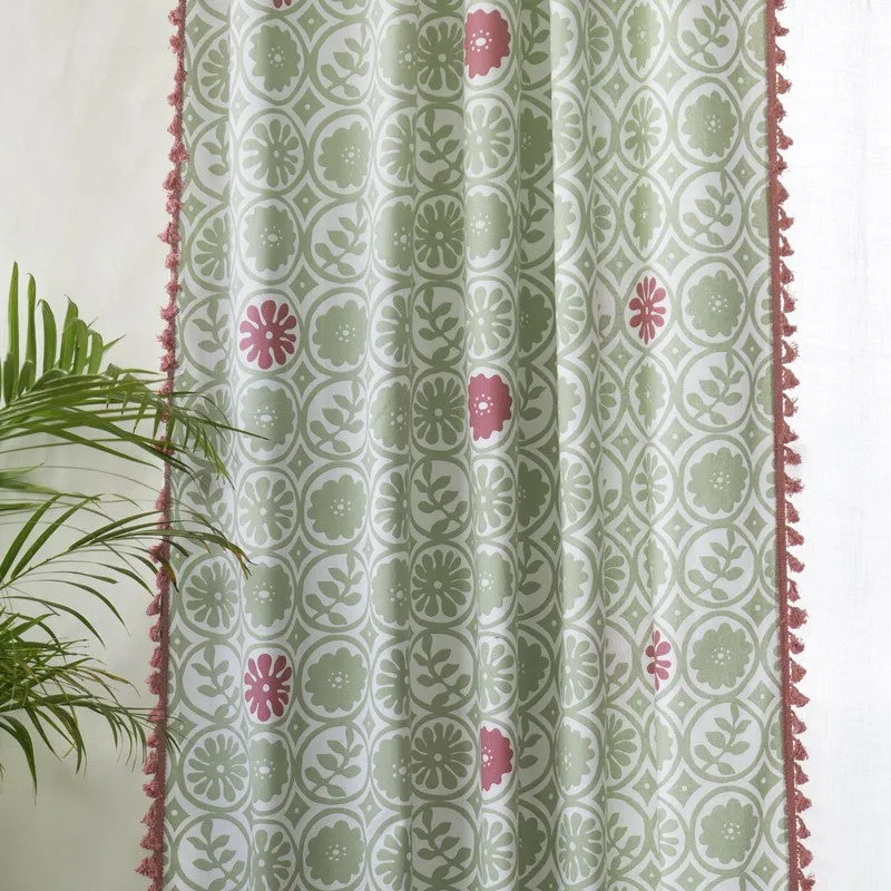 Tranquebar Home Bloom Haven Cotton Curtains(Green) - Set Of Two media 1