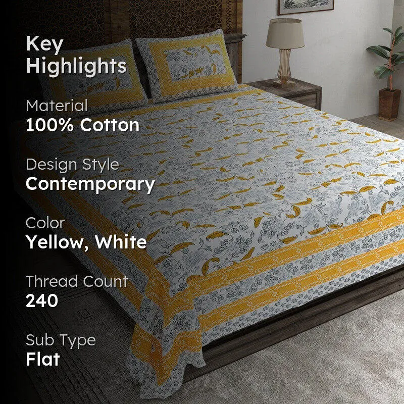 Designa Cotton Bedsheet (Yellow,White) - 240 TC media 2