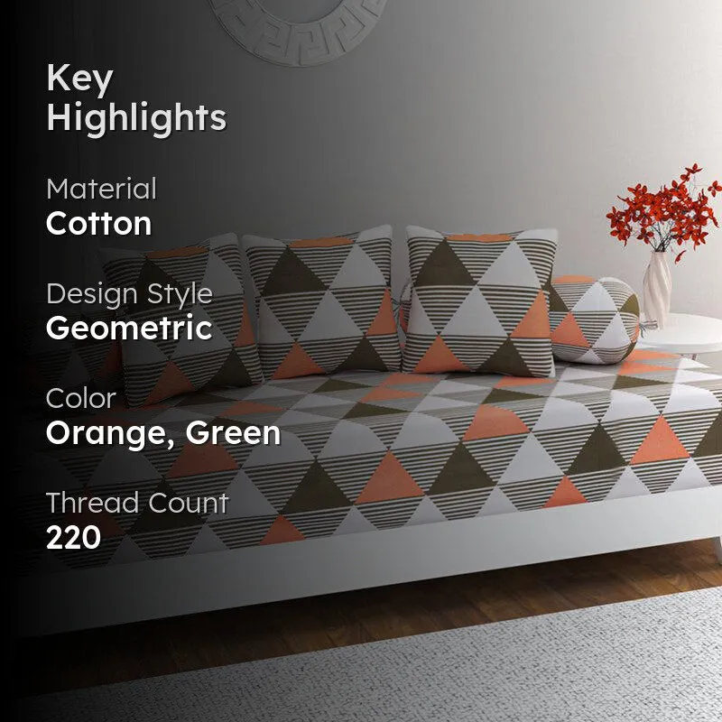 Euclidean Elite Geometric Cotton Diwan Set - Orange & Green media 2