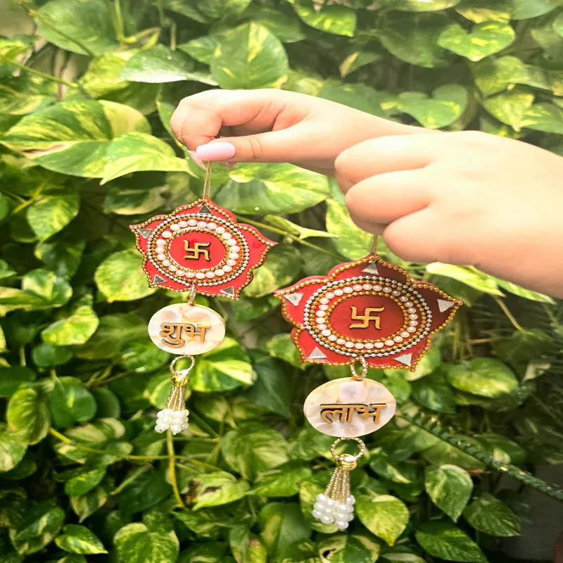 Swastika Mother Of Pearl Latkan (Red) - Set Of Two media 3