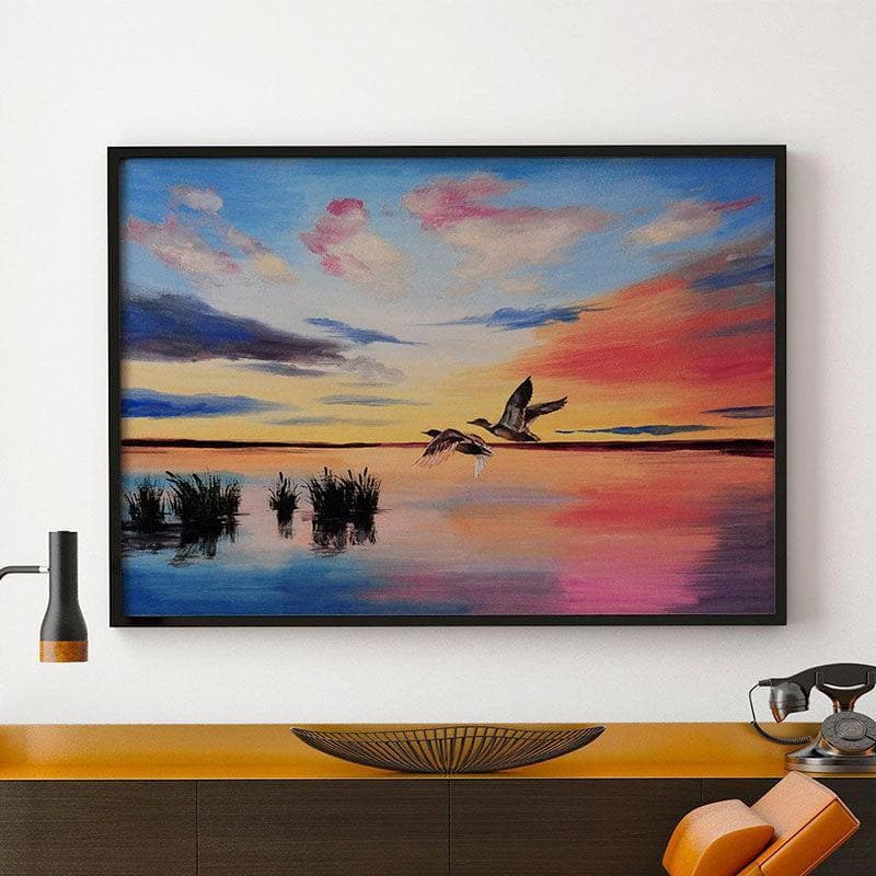 Cranes At Sunset Canvas Wall Painting - Black Frame