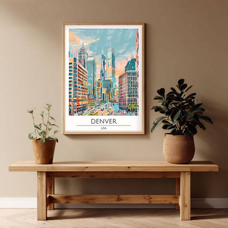 Vintage Denver Framed Canvas Archival Canvas Wall Painting - Natural Brown Frame