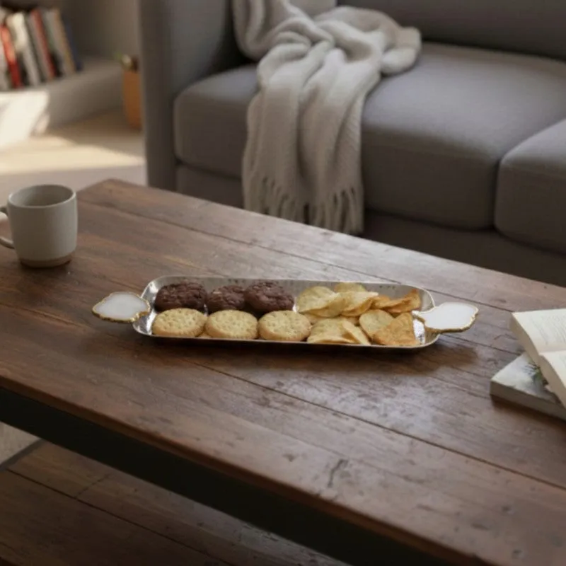 Aurora Edge Hammered (Metal,Agate) Rectangle Platter - Gold & White media 1