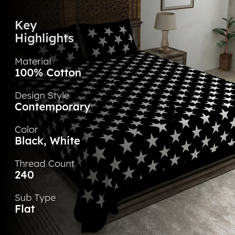 Star Night Cotton Bedsheet (Black,White) - 240 TC media 2