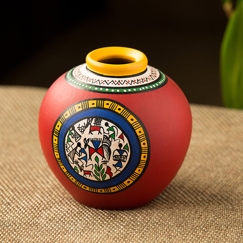 Gulaal Warli Handpainted Round Terracotta Vase