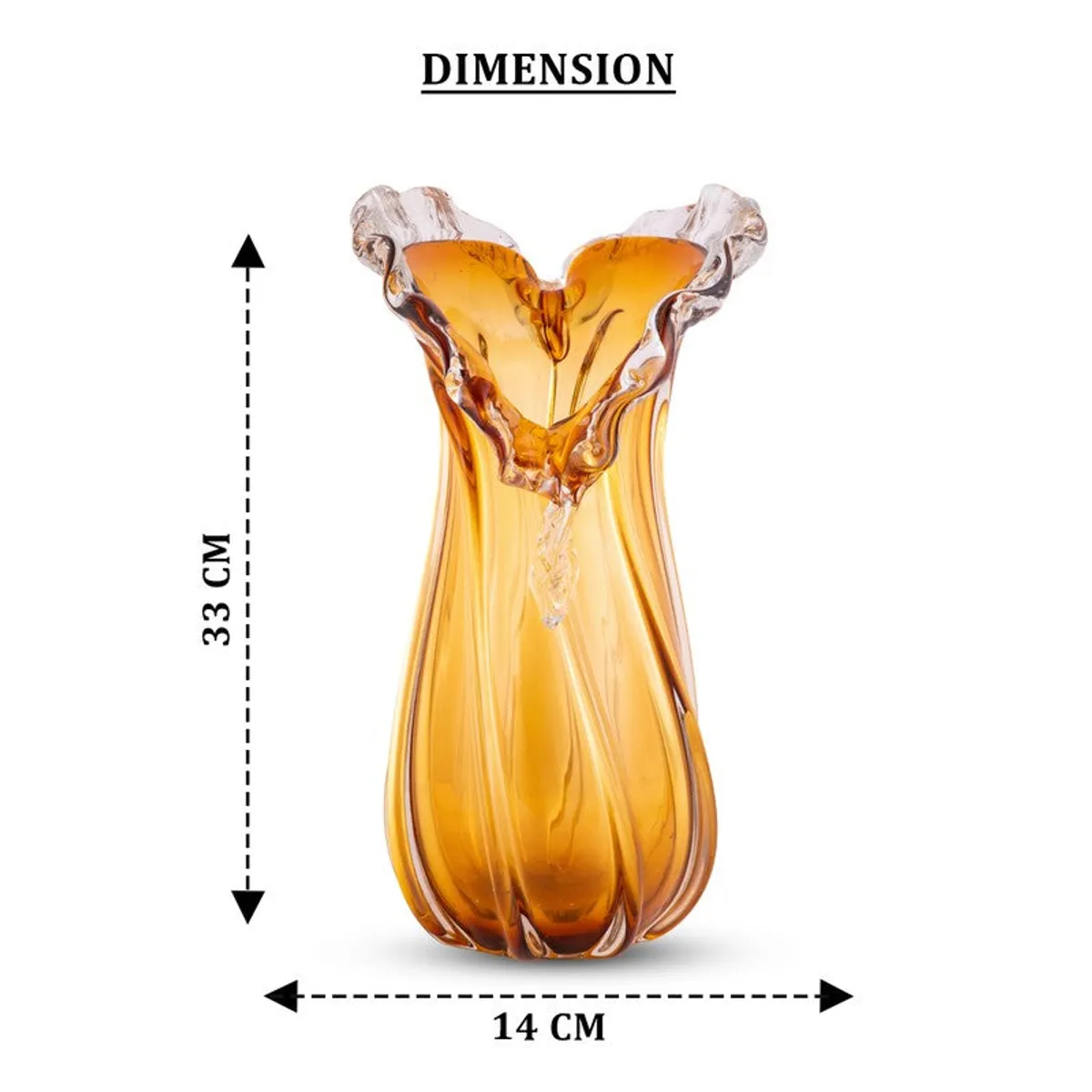 Gold glass vase shown with dimension arrows on a white background