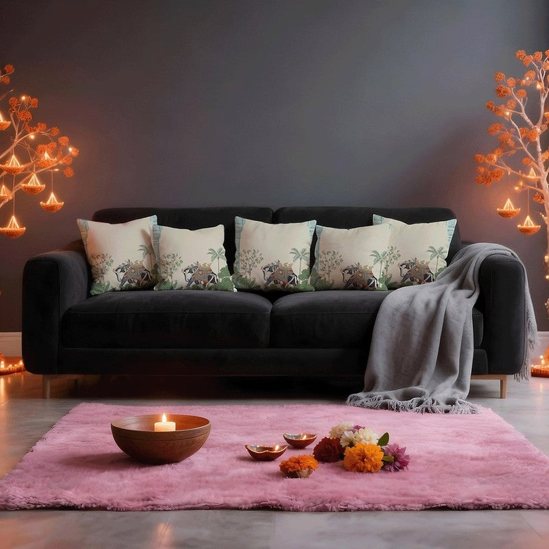 Elephant Yatra Taffeta Silk Cushion Cover - Set Of Five