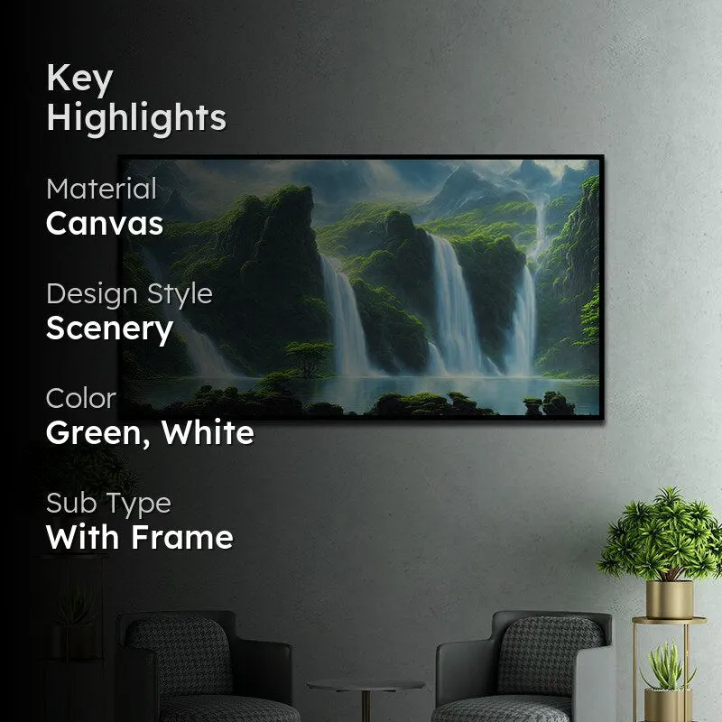 Emerald Isle Waterfalls Landscape Canvas Wall Painting With Frame - Black media 2
