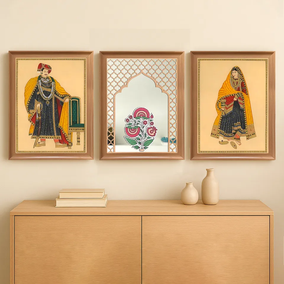 Pastel Mughal Garden Mirror Wall Painting - Set Of Three media 3