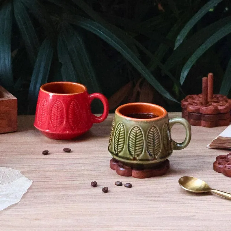Bergo Ceramic Tea Cup (200 mL Each)/Green,Red)- Set of Two media 1