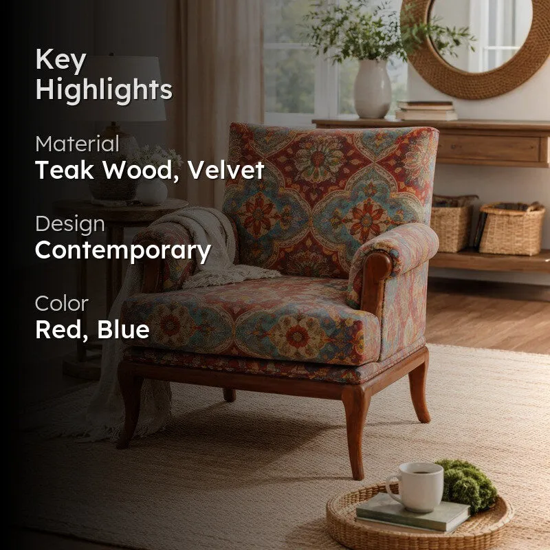 Aristora Teak Wood & Velvet Lounge Chair media 2