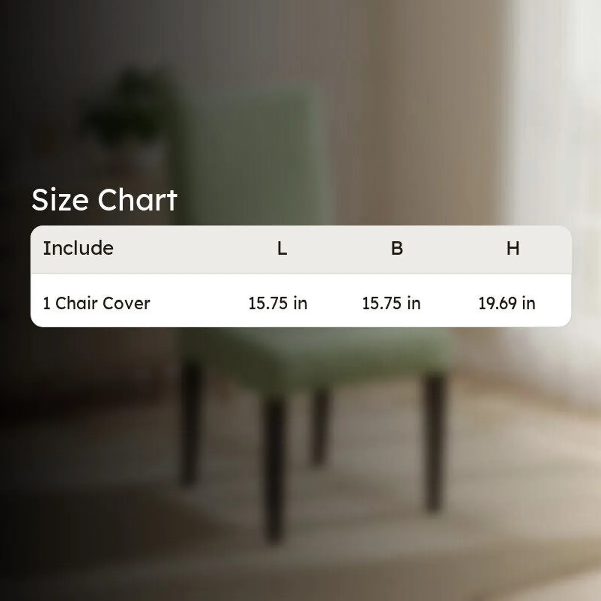 Chair cover size chart displayed over a blurred green chair image