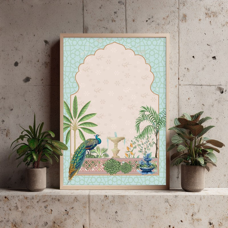 Gul-E-Peacock Framed Mughal Canvas Archival Canvas Wall Painting - Natural Brown Frame media 5