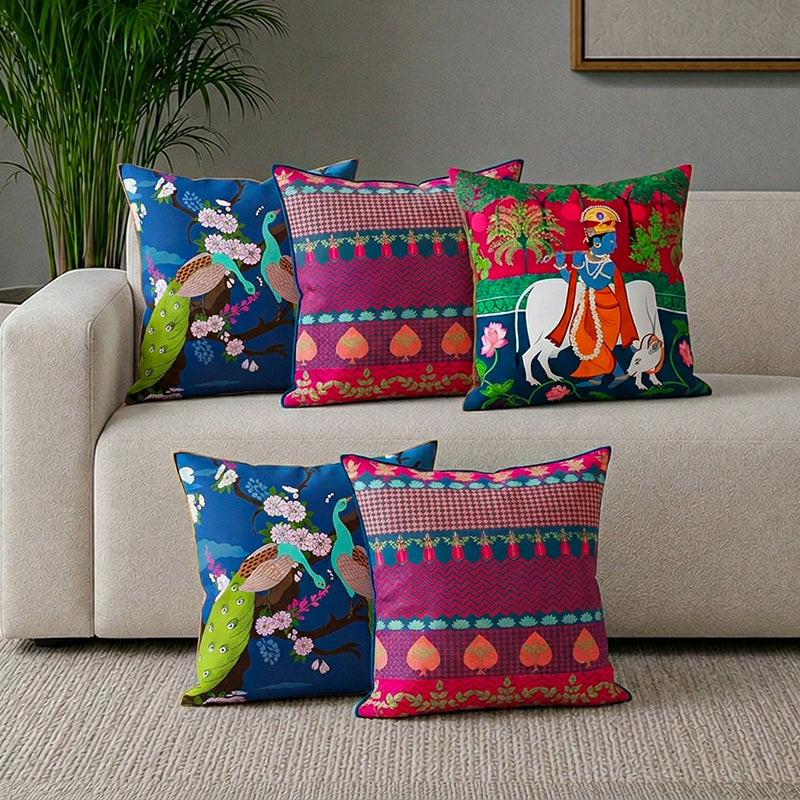 India Circus Vrindavana Games Printed Satin Cushion Cover - Set Of Five - 16 x 16 Inches