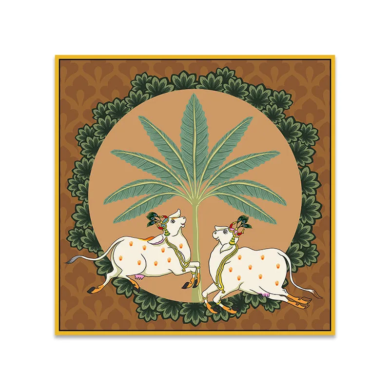 Cows In Tropics Canvas Wall Painting With Frame - Gold media 5