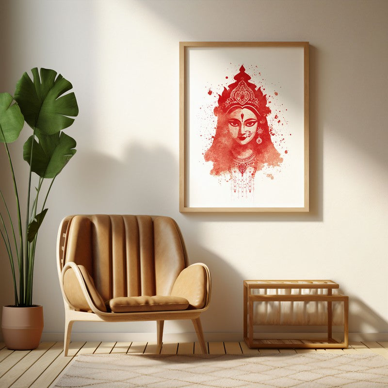 Divine Mother Durga Devi Archival Paper Wall Art - Natural Brown Frame