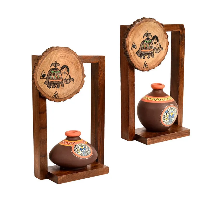Karishma Terracotta & Wood Wall Shelve With Pot - Four Piece Set media 3