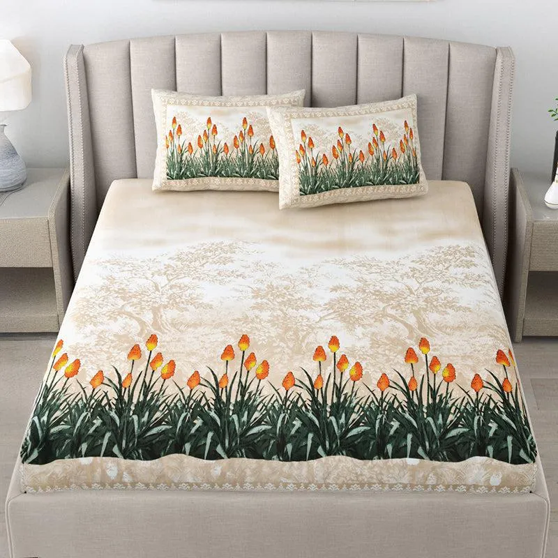 Doodle Dreams Floral Cotton Bedsheet (Peach) - 140 TC media 1