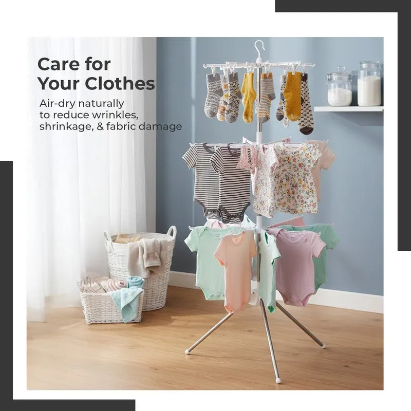 Multi-tier drying rack with baby clothes and socks in a room setting