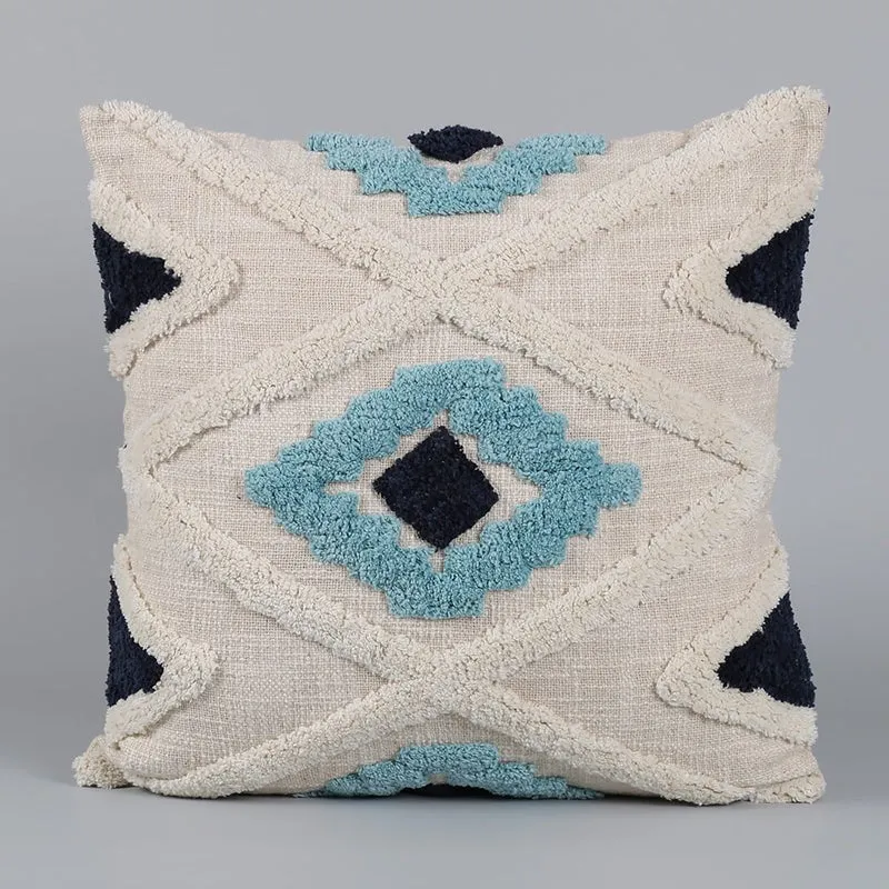 India Circus Terra Spades Tufted Square Cotton Cushion Cover (White,Blue) - Set Of Two media 3