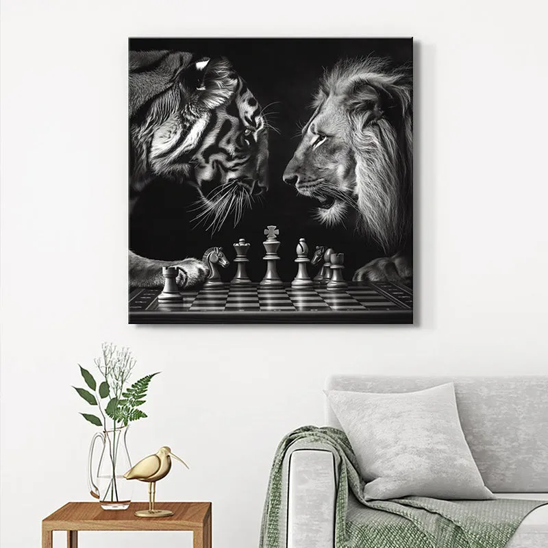 Lion Vs Tiger In Chess Poly Canvas Wall Painting media 1