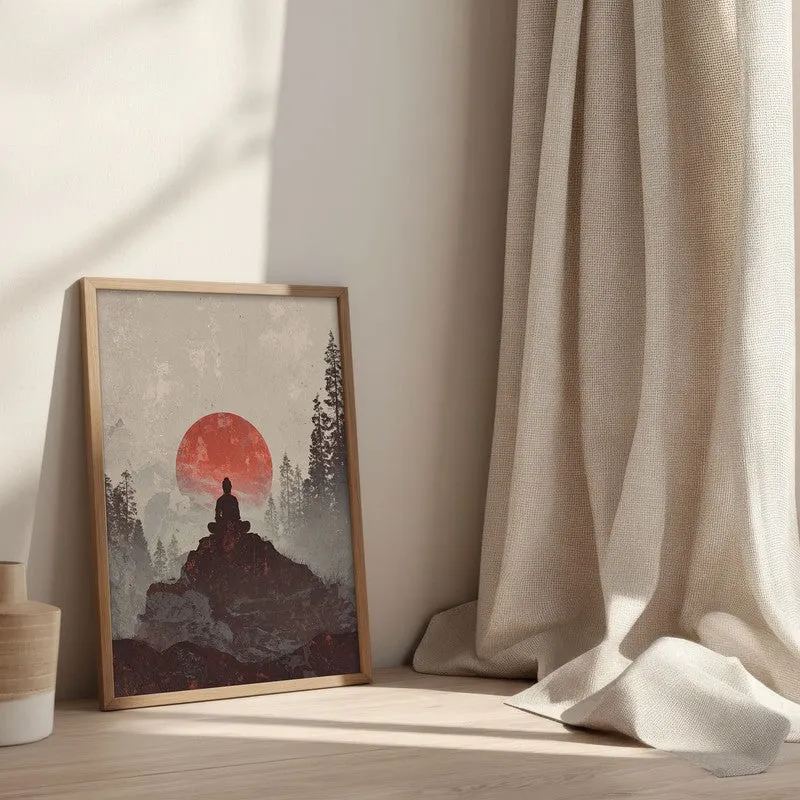 Crimson Sun III Over Silent Peaks Wall Painting With Brown Frame media 3