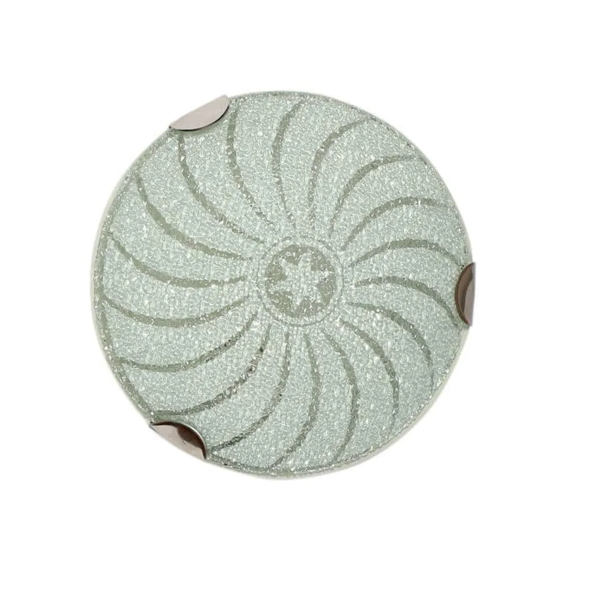Front view of a round textured glass wall lamp with swirl design