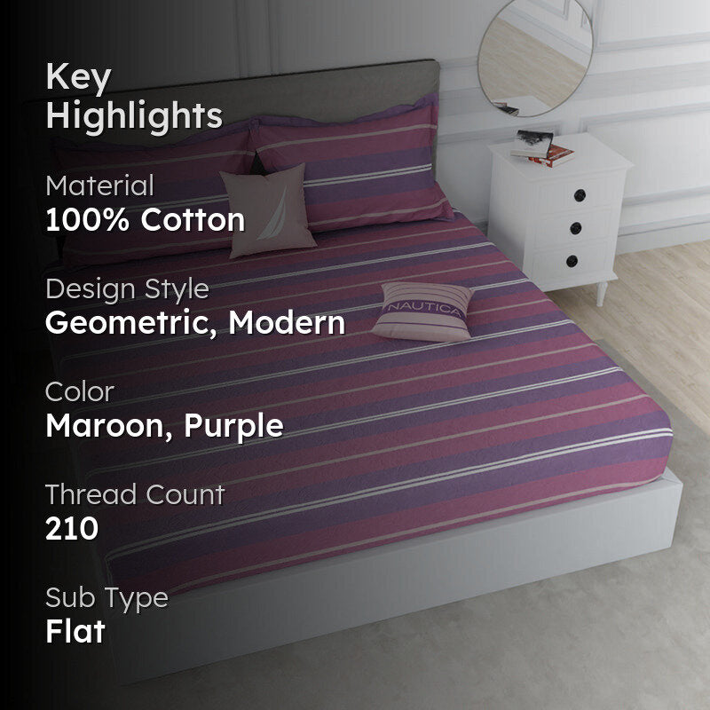 Nautica Stripe Symphony Cotton Bedsheet (Pink) - 210 TC media 2