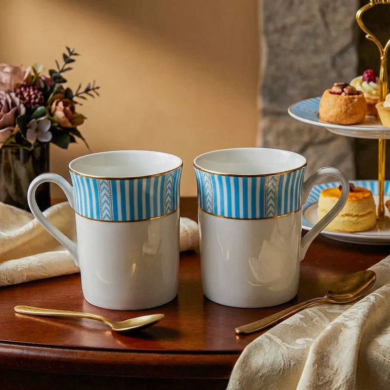 Stripe Classic 24k Gold Brushed Porcelain Coffee Mug (Blue/300 mL Each) - Set Of Four media 3