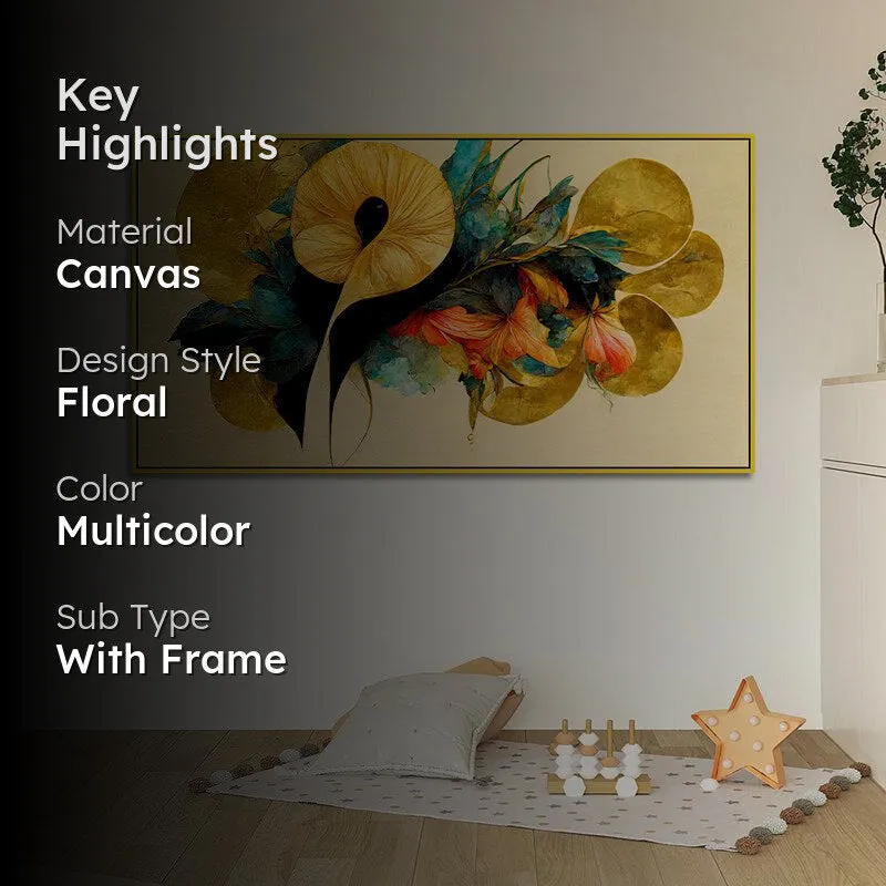 Kaleidoscopic Nature Floral Canvas Wall Painting With Frame - Gold media 2