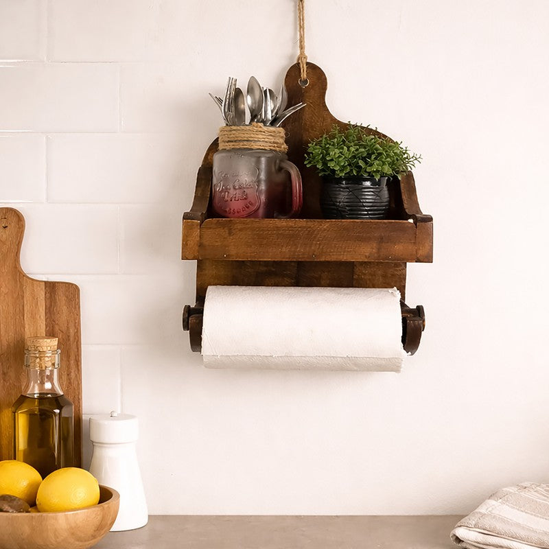 Retrovea Wooden Wall Shelf Organiser with Kitchen Roll Holder