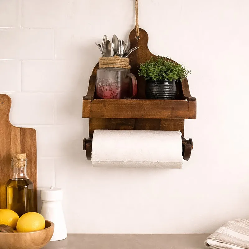 Retrovea Wooden Wall Shelf Organiser with Kitchen Roll Holder media 1