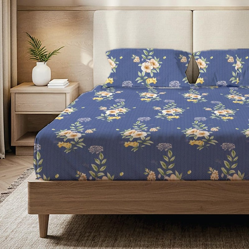 Sky Blossom Floral Cotton Bedsheets (Blue) - 200 TC media 3