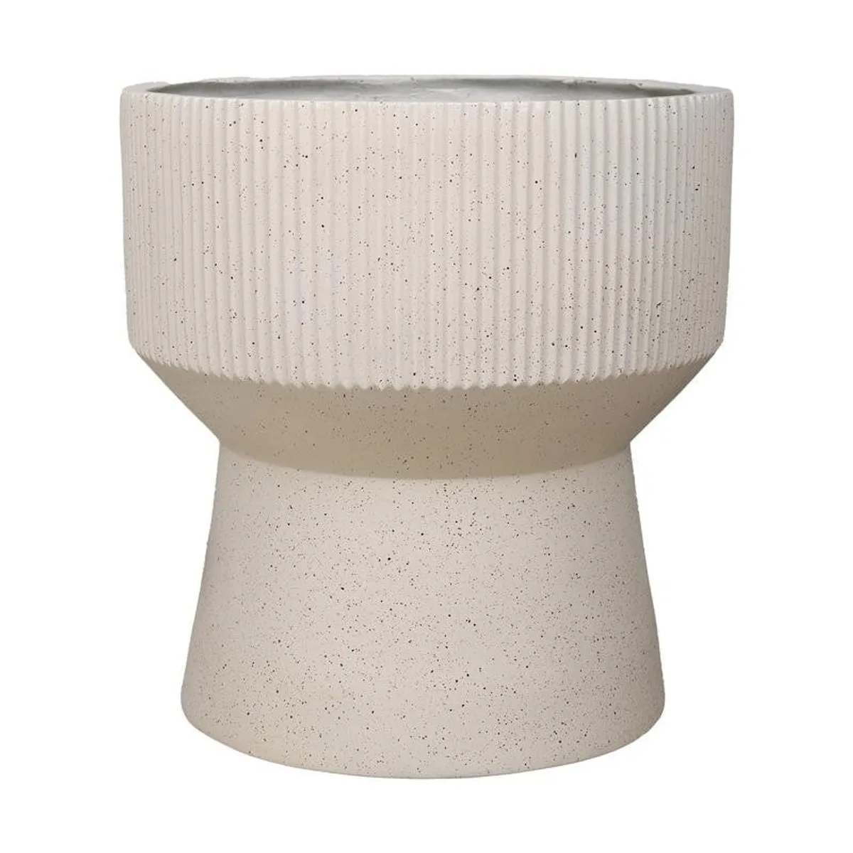 Close-up of the planter's ribbed bowl, hourglass shape and matte off-white finish.
