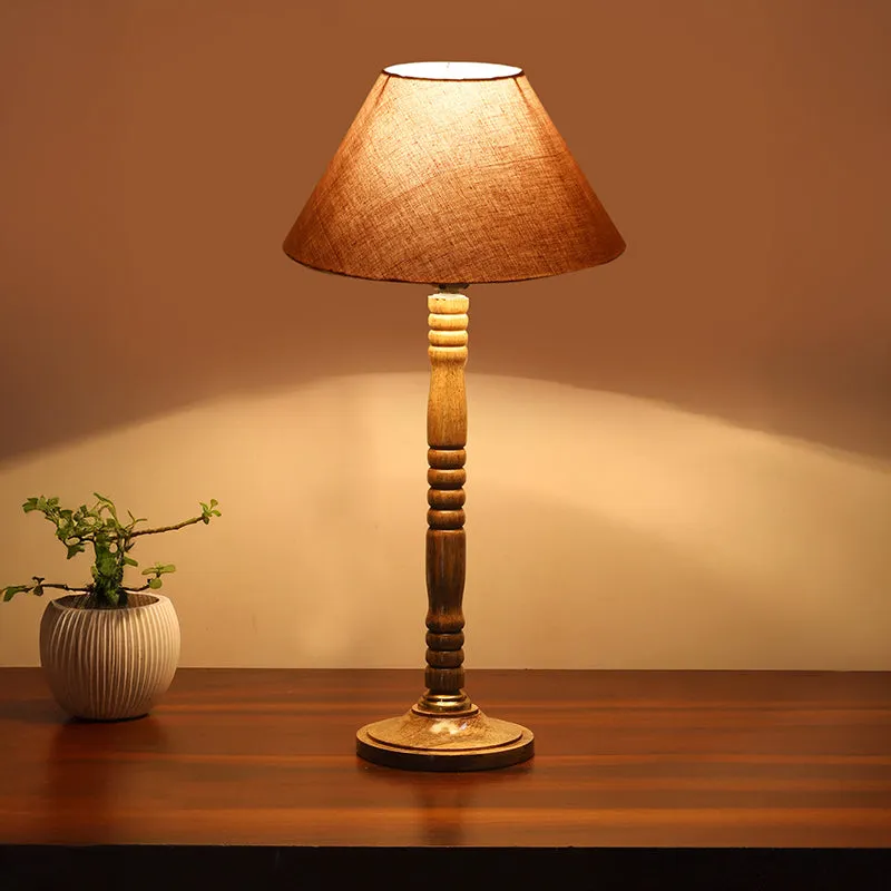 Glow Mesa Table Lamp With Carved Wooden Base - Grey,Brown media 2