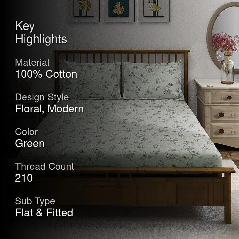 Floral bedsheet on bed with text overlay highlighting material and thread count