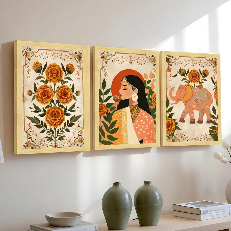 Madhura Folk Art Wall Painting Set With Frame - Set Of Three media 3