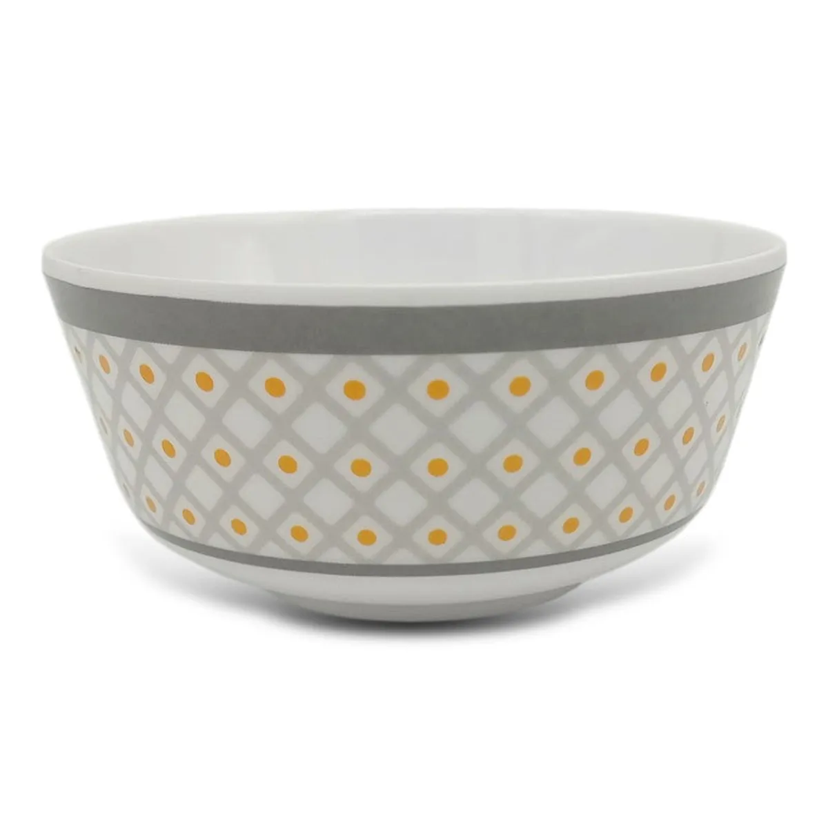Single round snack bowl with grey bands and yellow geometric accents