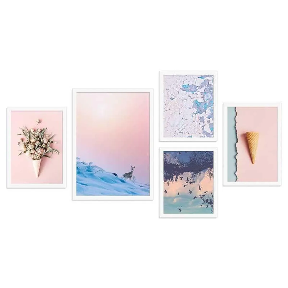 Set of five white-framed artworks with floral, abstract and whimsical motifs