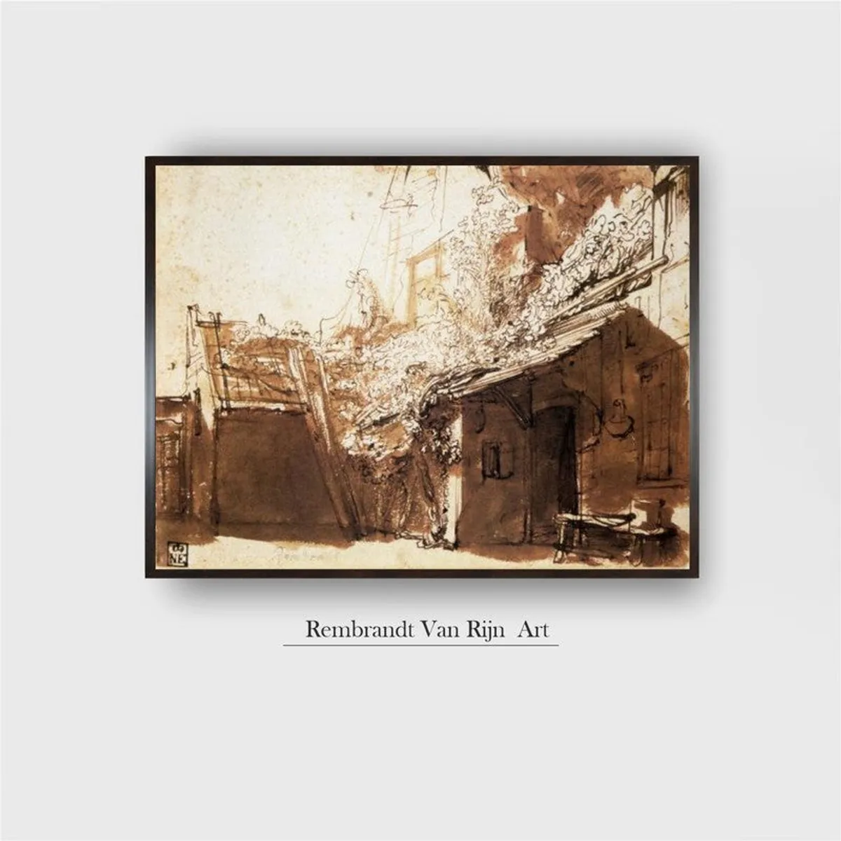 Framed sepia artwork of a rustic house with Rembrandt Van Rijn Art text below