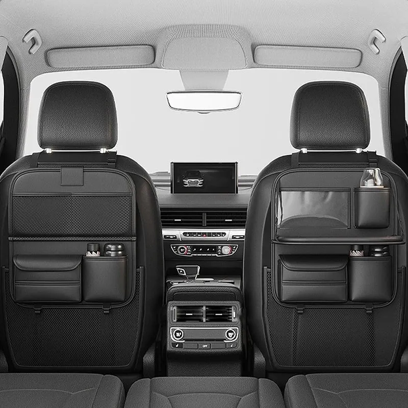 Sleek Seat Leather Car Seat Organizer With Foldable Tray - Dark Grey media 5