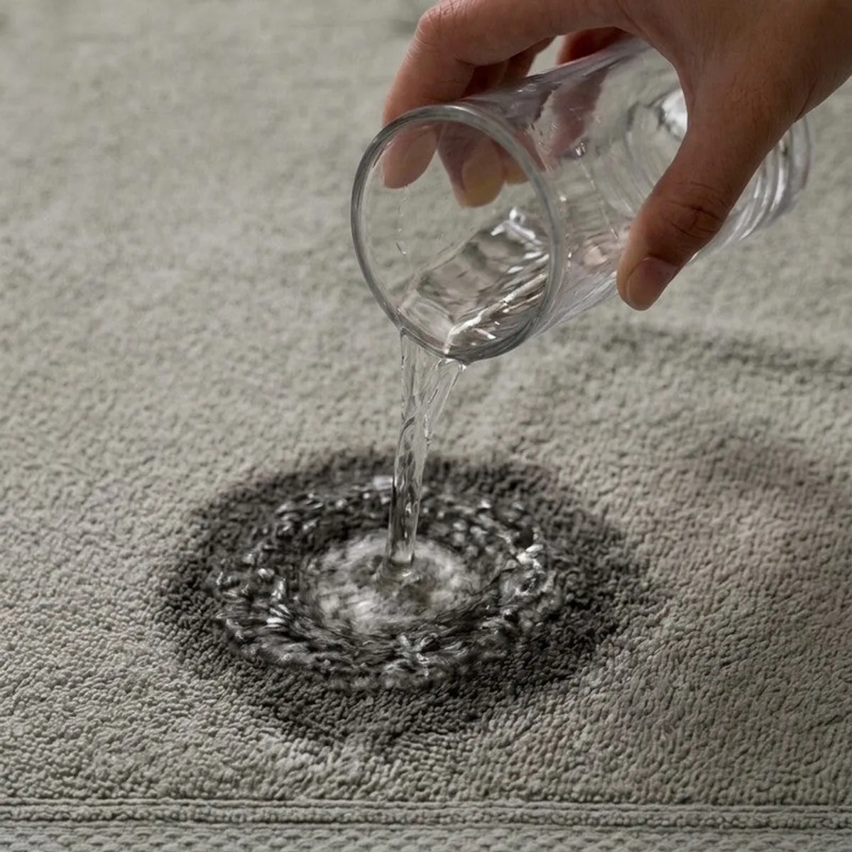 Water being poured onto the absorbent surface of a grey towel