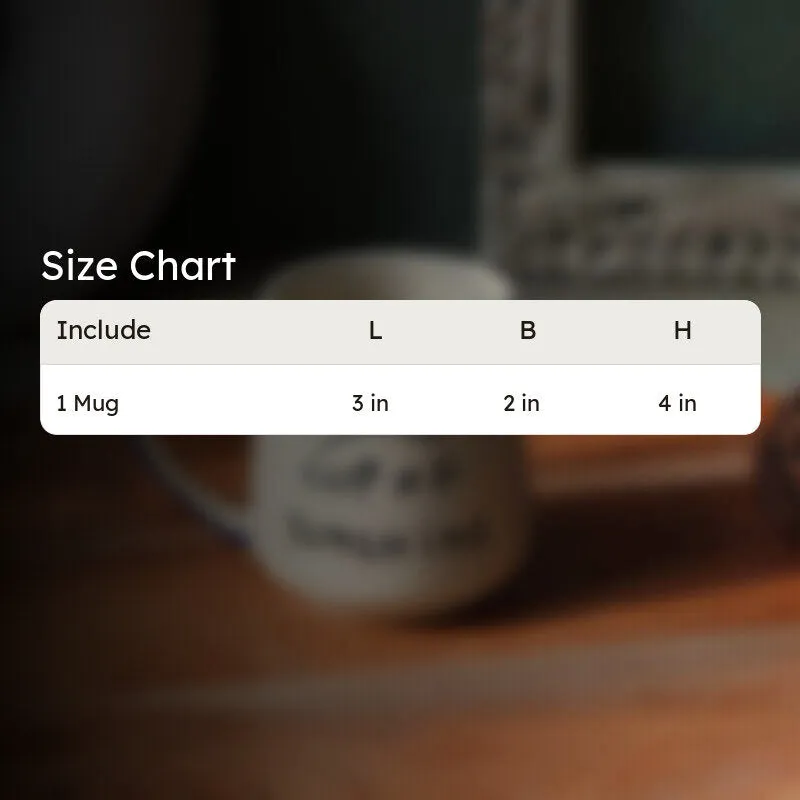 White sunshine mug shown behind a size chart graphic