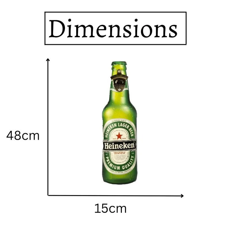 Heineken bottle-shaped opener shown with dimension graphic