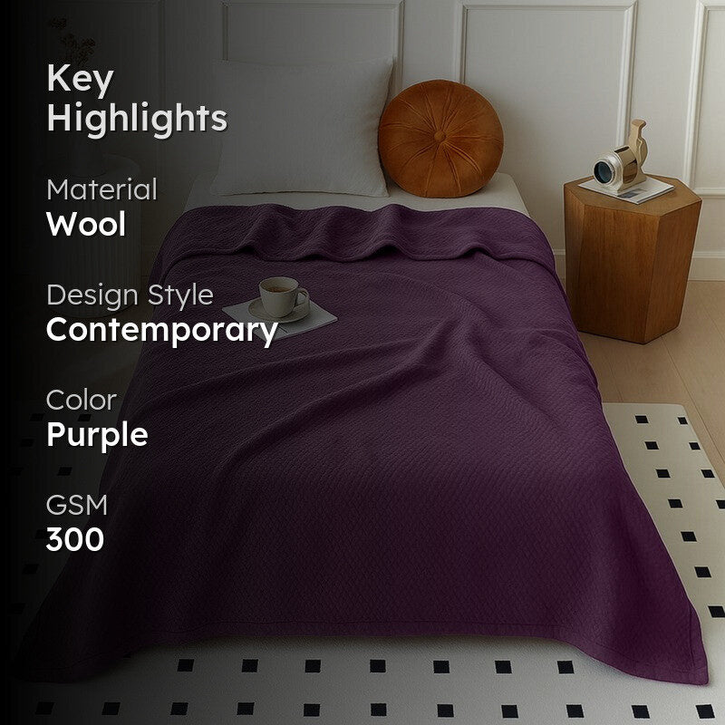 Plushyn Solid Woolen Blanket (Purple) - 300 GSM media 2