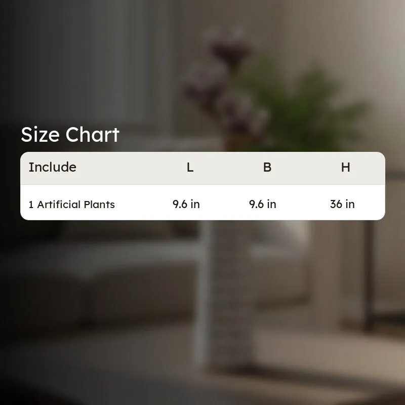 Size chart showing one artificial plant measuring 9.6 by 9.6 by 36 inches